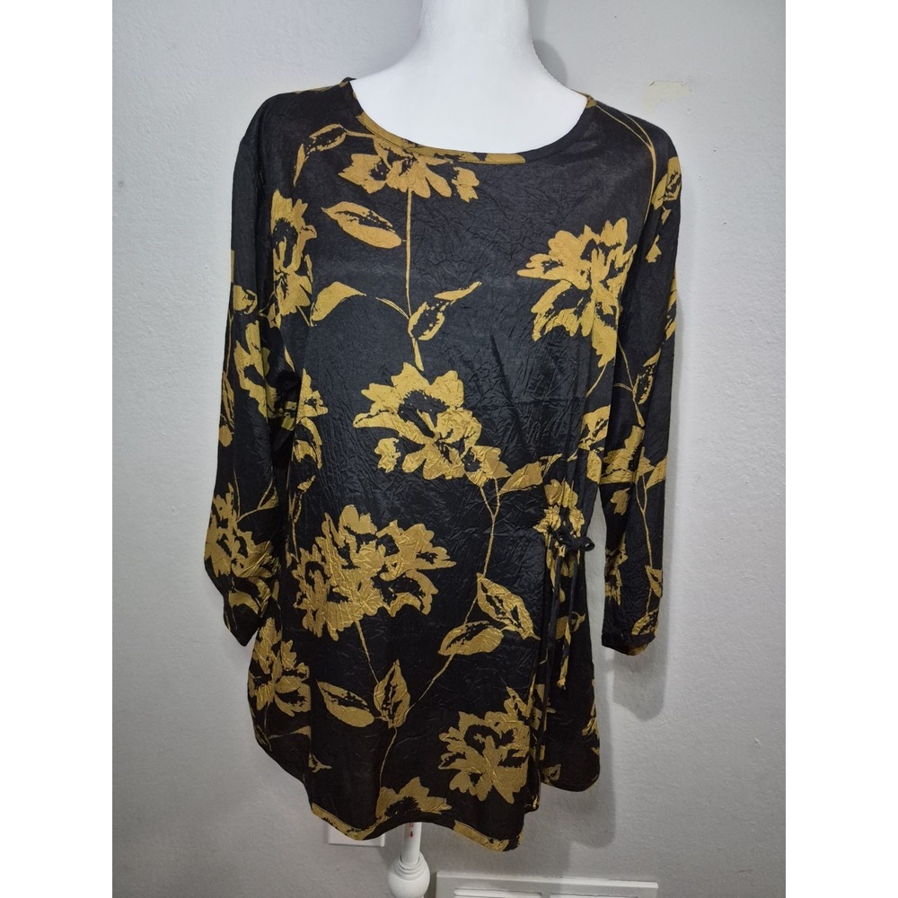 Masai Black & Gold Floral Tunic Top‎ Blouse Sz Medium Boho Chic Artsy Front Tie